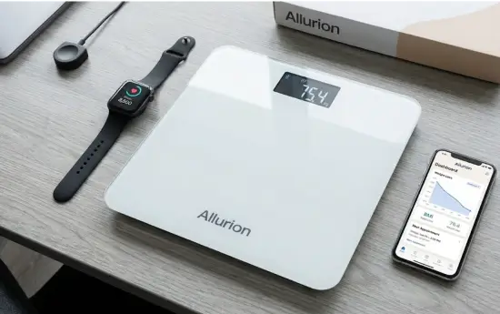 صورة للميزان الذكي والساعة وتطبيق الموبايل الخاص ببرنامج Allurion