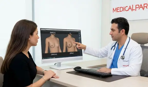 جراح تجميل في مستشفى ميديكال بارك يستخدم تقنية المحاكاة ثلاثية الأبعاد 3D لرؤية نتيجة عملية تكبير الثدي قبل إجرائها.