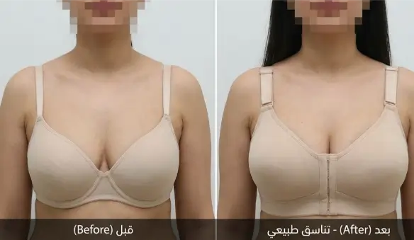 نتيجة طبيعية قبل وبعد عملية شد وتكبير الثدي في تركيا لحالة تعاني من ترهل ما بعد الرضاعة