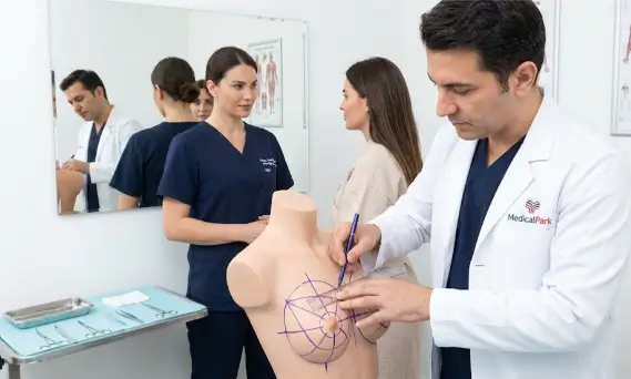 جراح تجميل في مستشفى ميديكال بارك يحدد خطوط عملية شد الثدي بدقة لضمان أفضل النتائج
