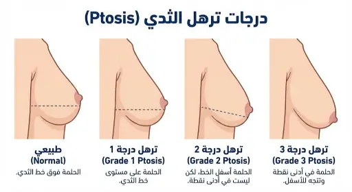 درجات ترهل الثدي المختلفة (Ptosis) لتحديد نوع عملية رفع الصدر المناسبة للحالة