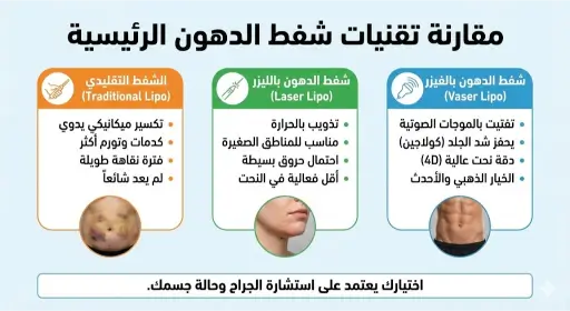 الفرق بين تقنيات شفط الدهون الثلاث(الفيزر،الليزر،الطريقة التقليدية)