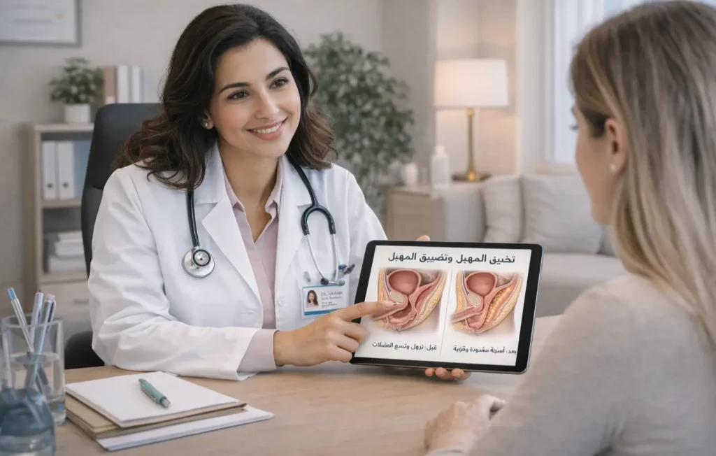 طبيبة نسائية متخصصة في تجميل المهبل تقدم استشارة لمريضة في عيادة بتركيا