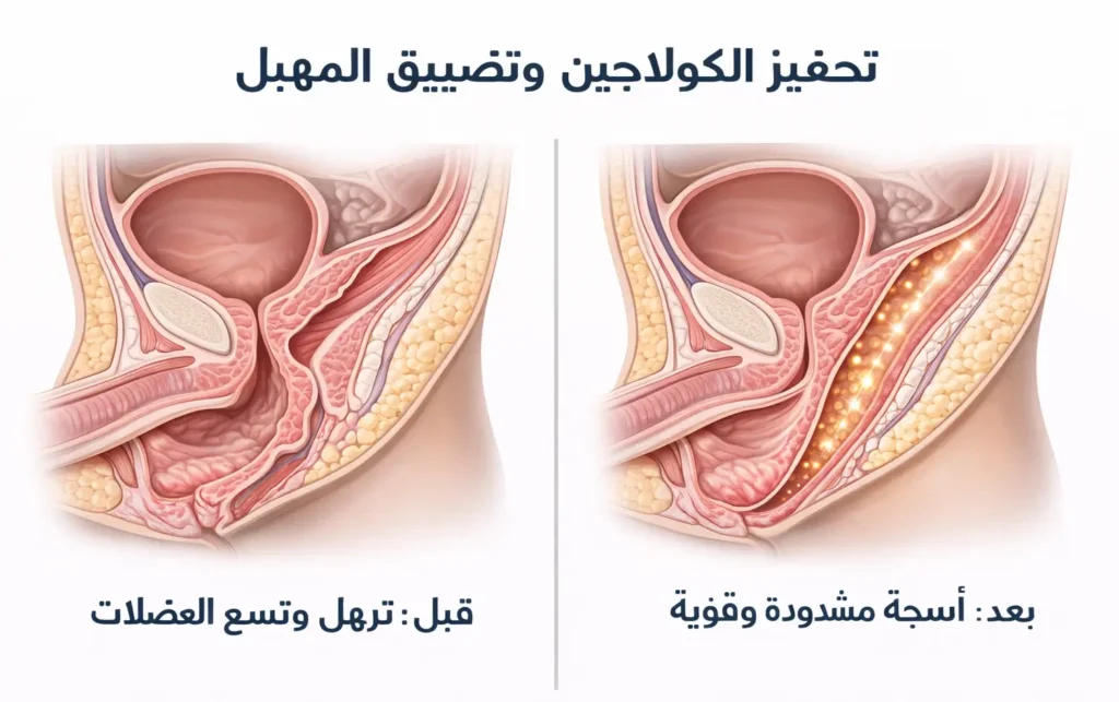 رسم توضيحي لنتيجة تضييق المهبل قبل وبعد العلاج بالليزر أو الجراحة، يظهر تحسن قوة العضلات