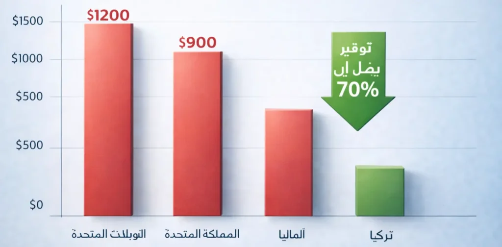 مخطط بياني يوضح انخفاض تكلفة عملية تضييق المهبل بالليزر في تركيا مقارنة بالولايات المتحدة وأوروبا