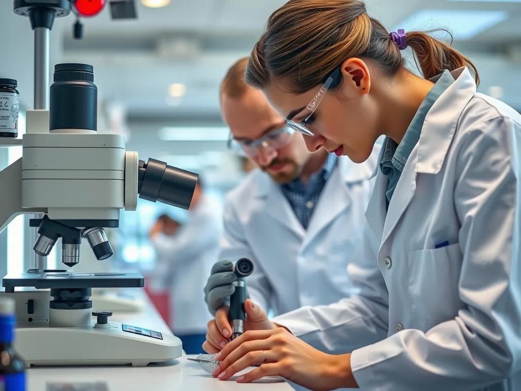 Professional photo of biologists in a lab examining stem cells under a microscope, showcasing advanced laboratory environment and scientific research