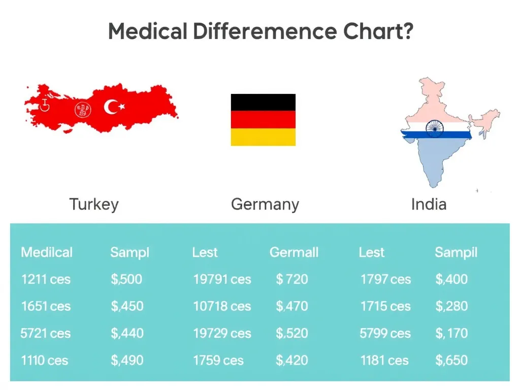 A comparative chart showing the cost differences of medical treatments between Turkey, Germany, and India, abstract and illustrative