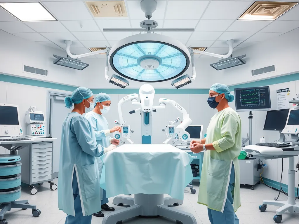 A modern operating room with robotic surgery equipment and a surgical team wearing sterile gowns and masks, highly detailed, professional lighting