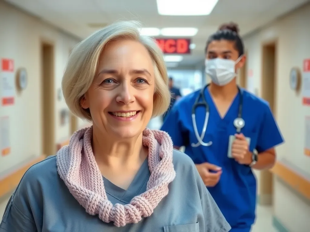 A smiling international patient being discharged from a Turkish hospital, escorted by a nurse, showing satisfaction and high level of care