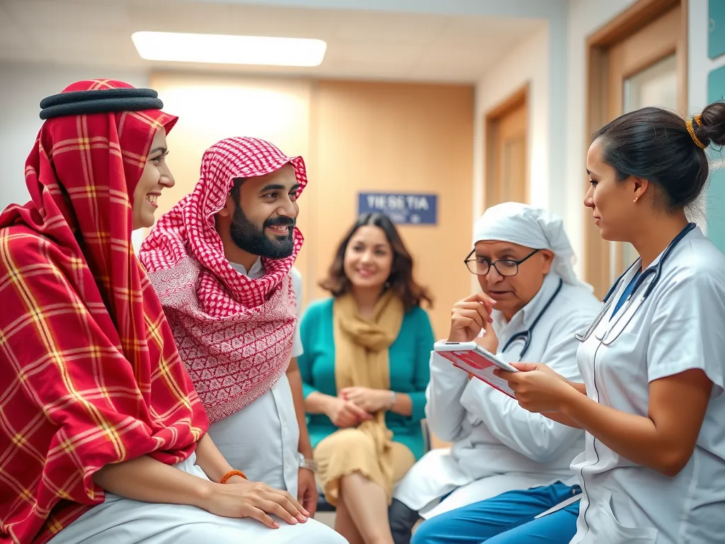 Arab family discussing medical treatment with a culturally sensitive and diverse medical team in a modern clinic setting, cultural elements present, high quality, photorealistic
