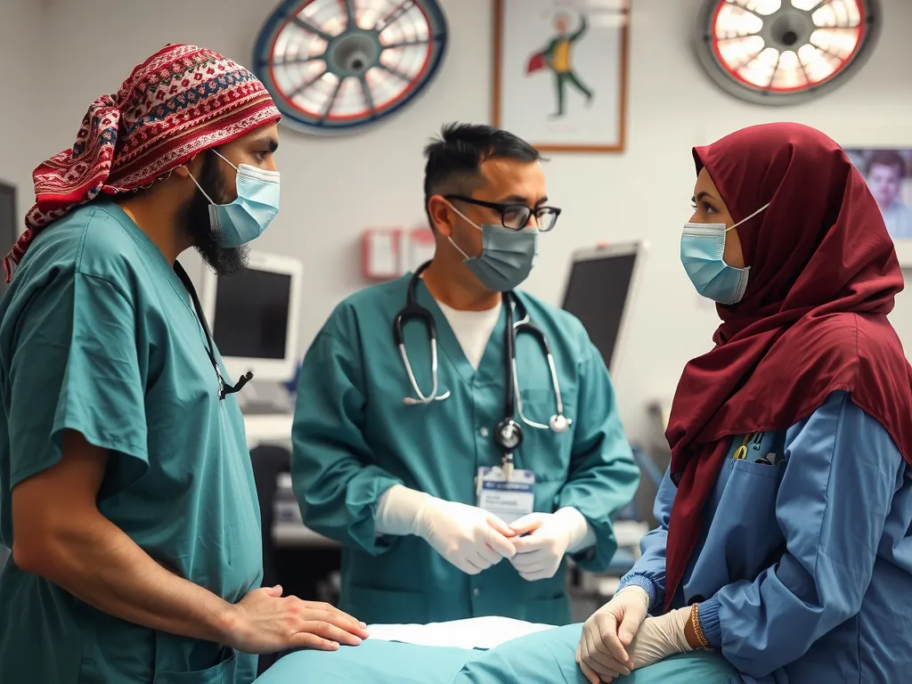 Arab patient and Turkish medical team discussing liver transplant surgery, in a supportive and culturally aware environment, professional setting, high quality