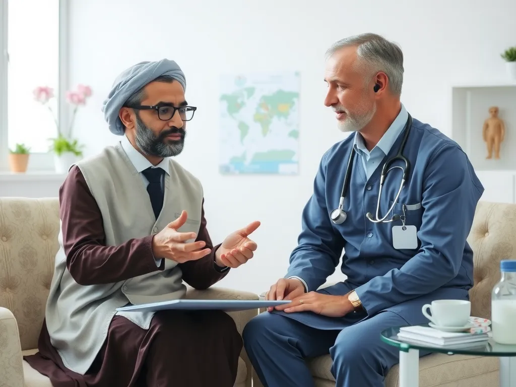 Arab patient consulting with a bilingual Turkish healthcare provider, use of medical translation tools, culturally respectful interaction, high quality, natural lighting