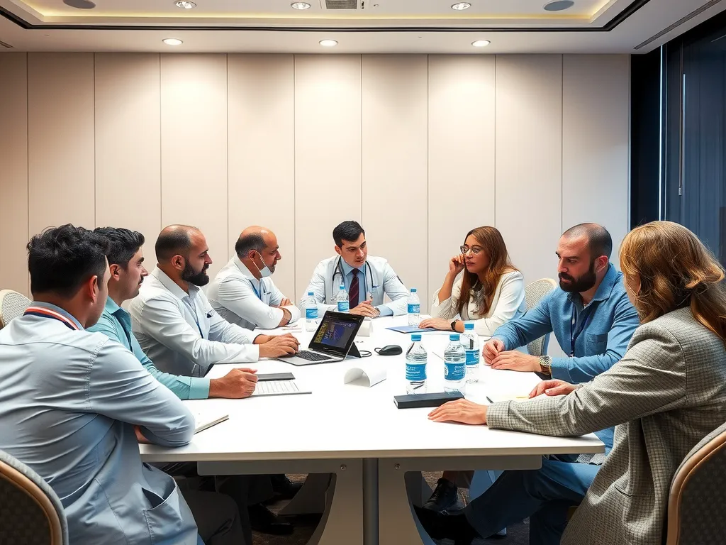 Expert roundtable discussing healthcare improvements for Arab patients in Turkey, diverse professionals in a conference setting, high quality, professional lighting