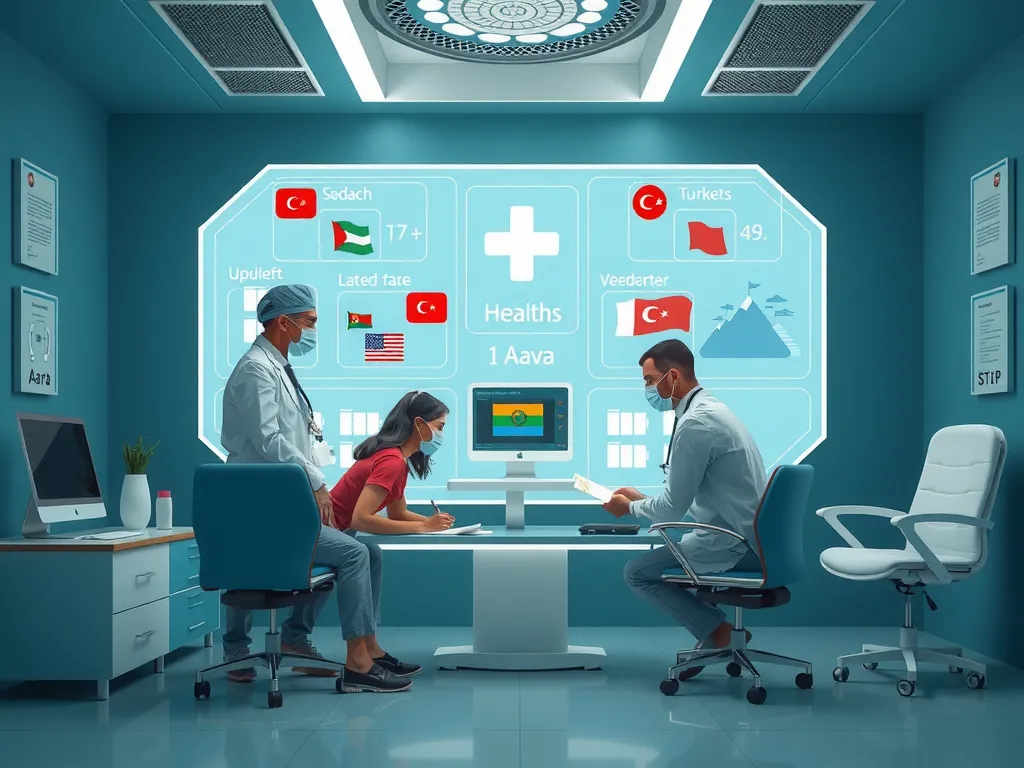 Future vision of integrated healthcare for Arab patients in Turkey, featuring multilingual and multicultural elements, modern technology, high quality