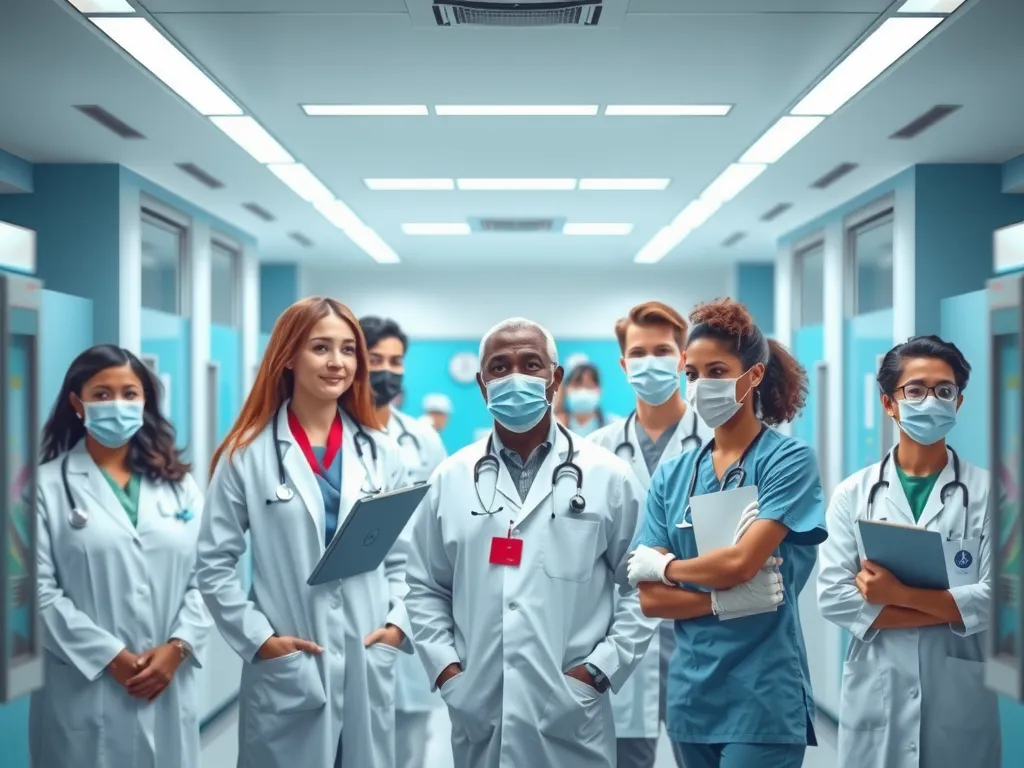 Modern medical facility with a diverse team of doctors and nurses, diverse patient demographics, symbolic of multicultural healthcare, photorealistic, high quality, professional lighting