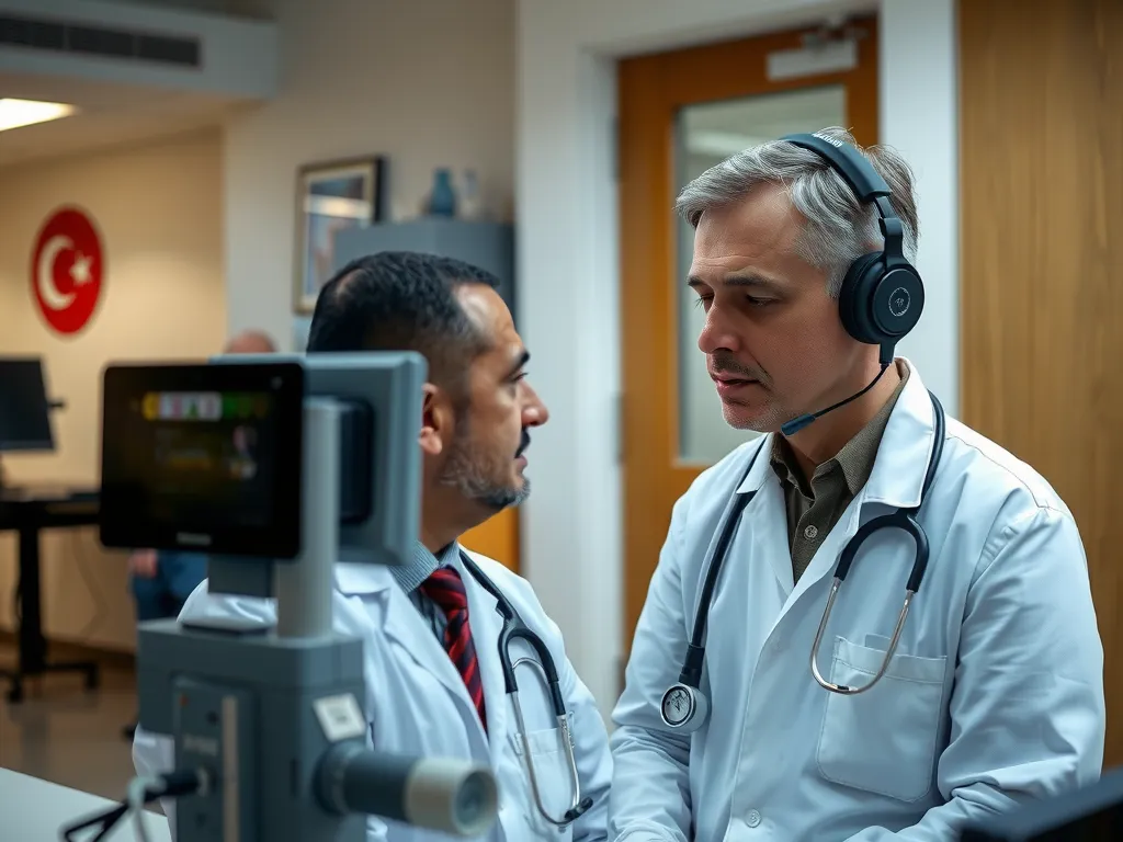 Medical translator assisting Arab patient and Turkish doctor, using modern technology to ensure effective communication, professional setting, high quality