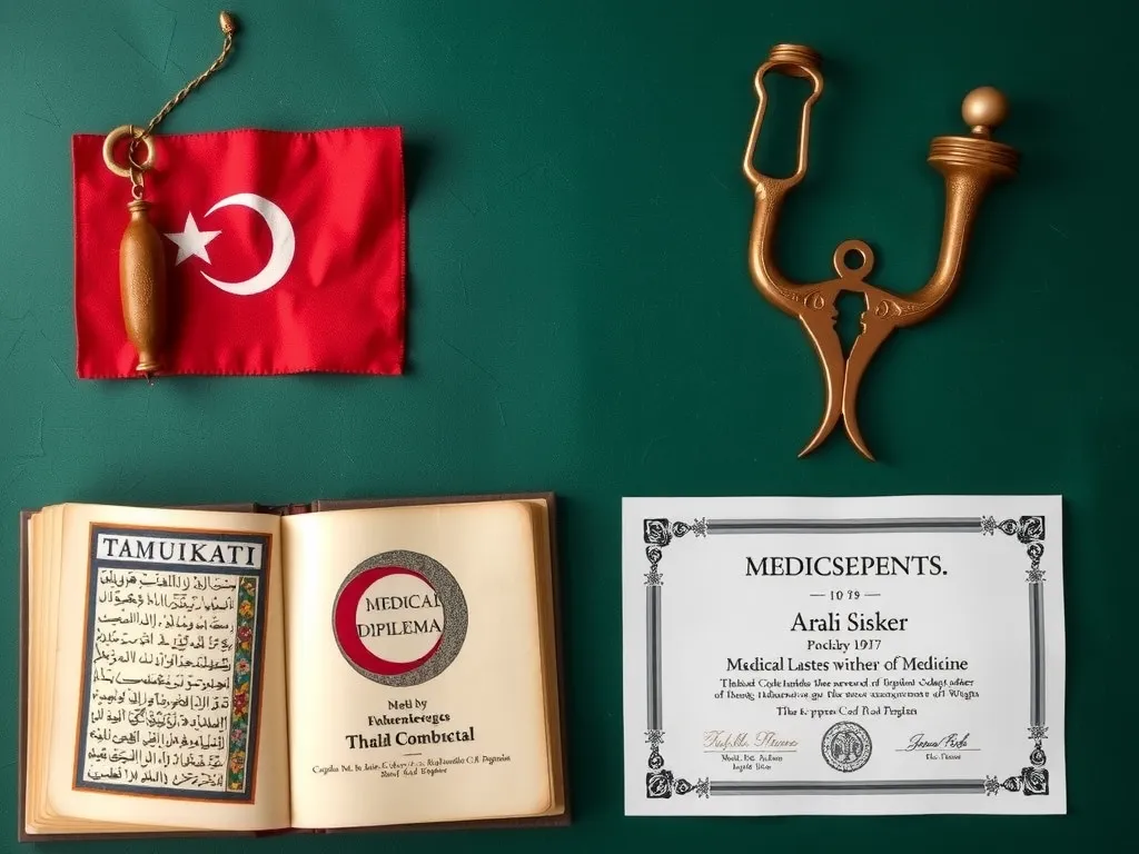 Visual representation of historical ties between Turkish and Arab cultures in medicine, showcasing traditional manuscripts and modern medical diplomas, combined setting, high quality