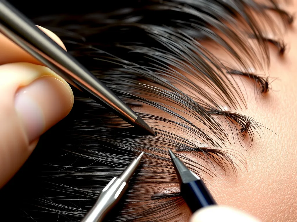 Close-up of a hair transplant procedure using FUE or DHI techniques, showing intricate tools and precision in hair follicle placement, high detail, professional photography style