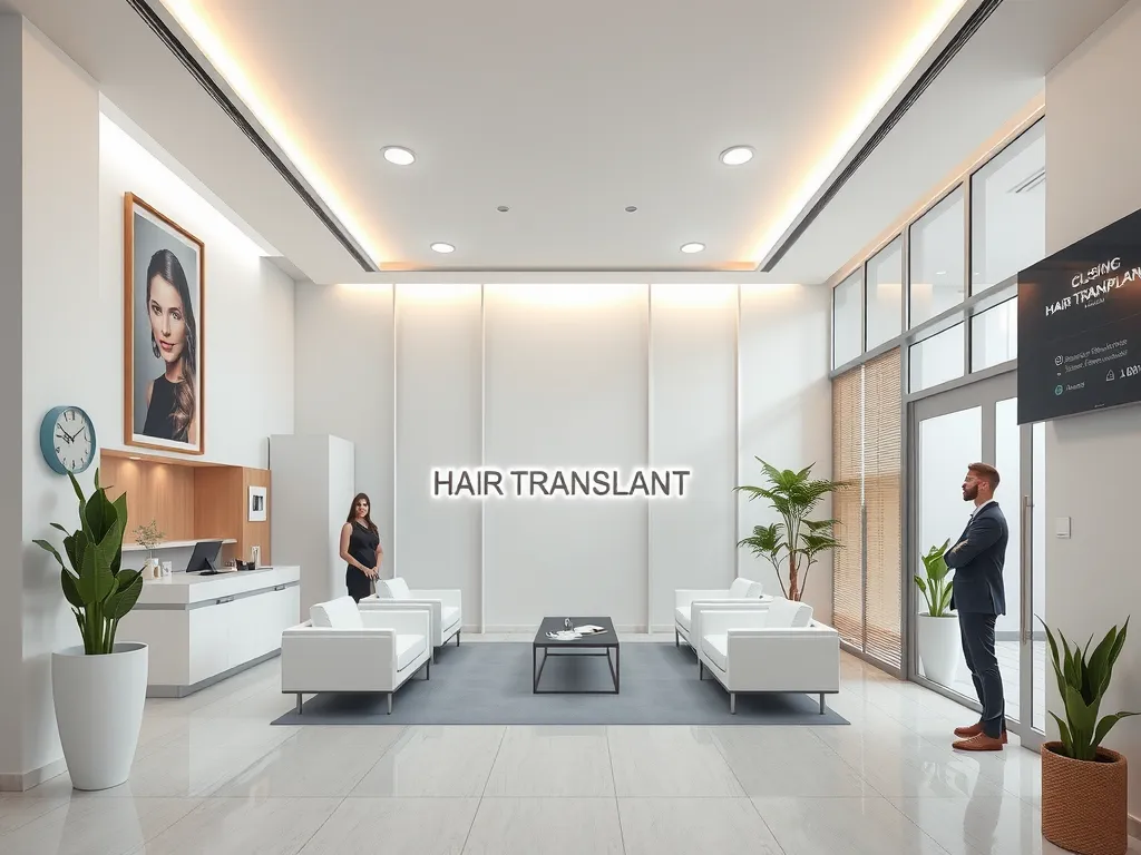 Photorealistic image of a serene and modern clinic lobby in Turkey offering hair transplant services, showcasing a welcoming environment with professional and multicultural staff Photorealistic image of a serene and modern clinic lobby in Turkey offering hair transplant services, showcasing a welcoming environment with professional and multicultural staff