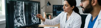 صورة لطبيب يفحص صور أشعة رنين مغناطيسي MRI للتحصير لـ جراحة الديسك في تركيا
