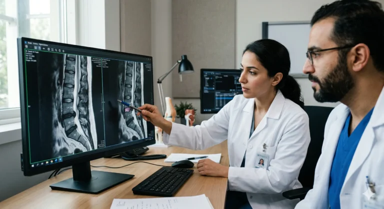 صورة لطبيب يفحص صور أشعة رنين مغناطيسي MRI للتحصير لـ جراحة الديسك في تركيا