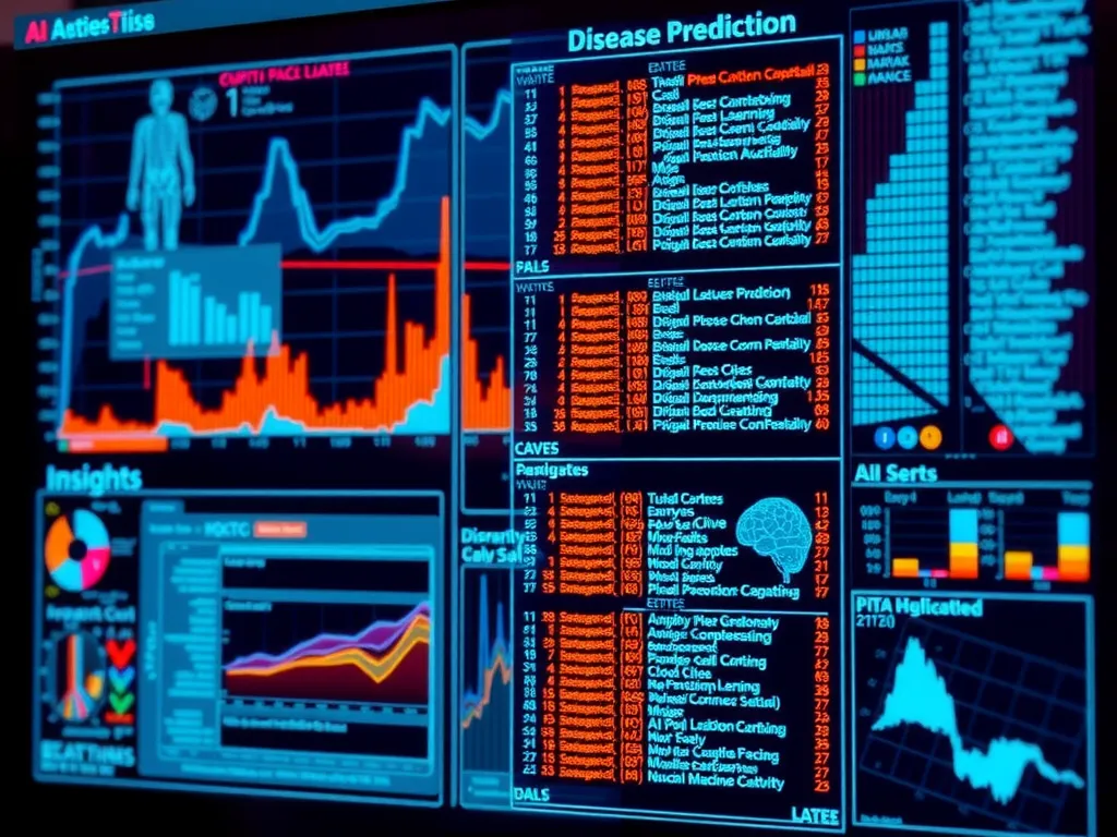 AI analyzing large datasets with visual elements depicting insights for disease prediction, advanced machine learning, and data analytics