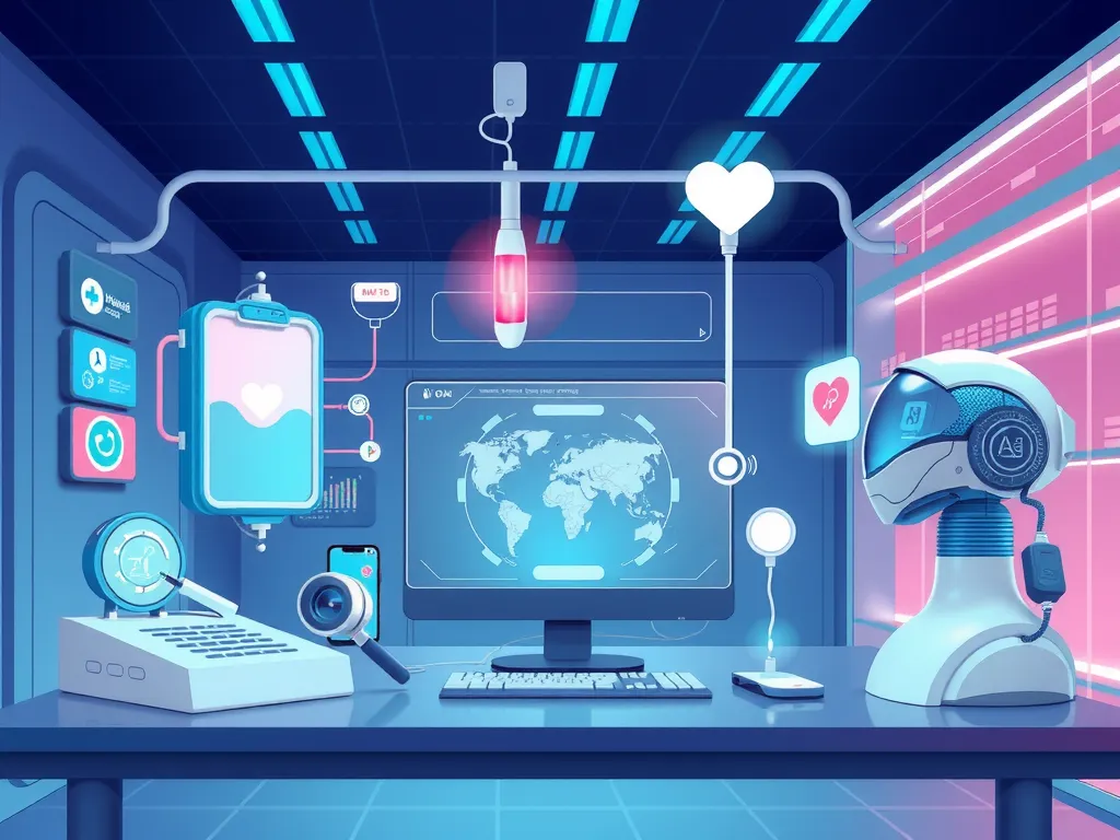 Illustration of modern digital health technologies, wearable devices, AI systems, and medical data integration in a futuristic healthcare setting, high quality, professional style
