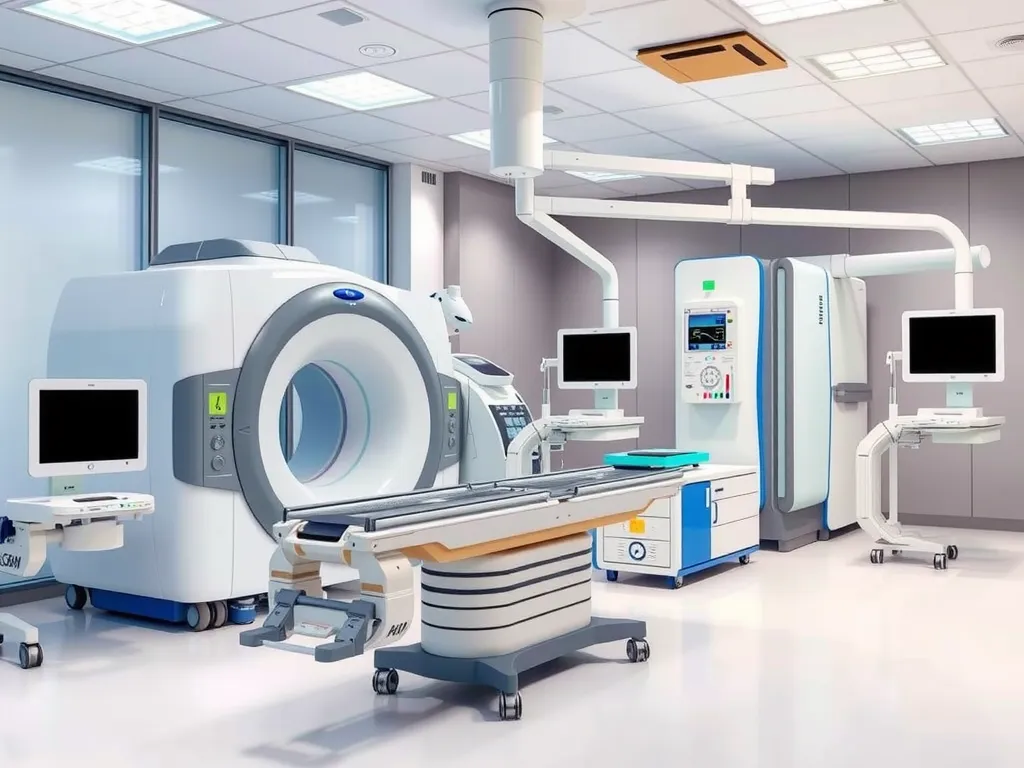 High-tech medical imaging equipment in a modern hospital setting, showing advanced MRI and CT scanning machines, photorealistic, high detail, bright clinical environment, professional lighting