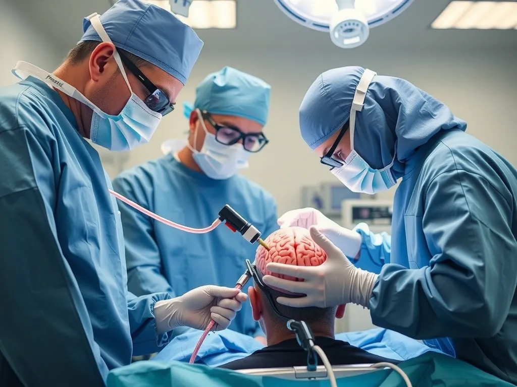 Interventional neuroradiology procedure with a team of medical professionals using high-tech catheter to treat a brain condition, professional photography style, detailed, focus on precision and technology
