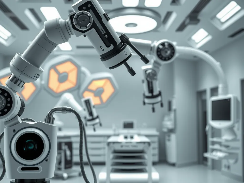 Robotic systems in a catheterization lab, showcasing stability and precision in a futuristic medical environment, detailed, high-tech