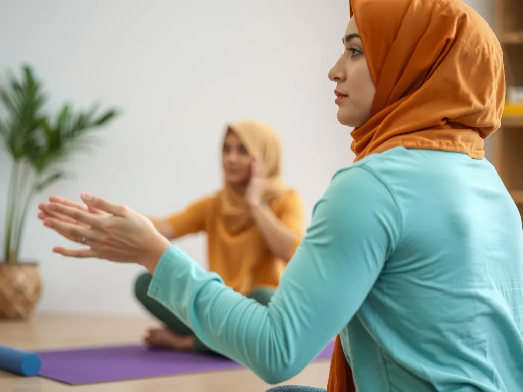 An Arab woman participating in simple health activities like yoga or light exercise, addressing cultural challenges, in a safe environment, high quality image An Arab woman participating in simple health activities like yoga or light exercise, addressing cultural challenges, in a safe environment, high quality image