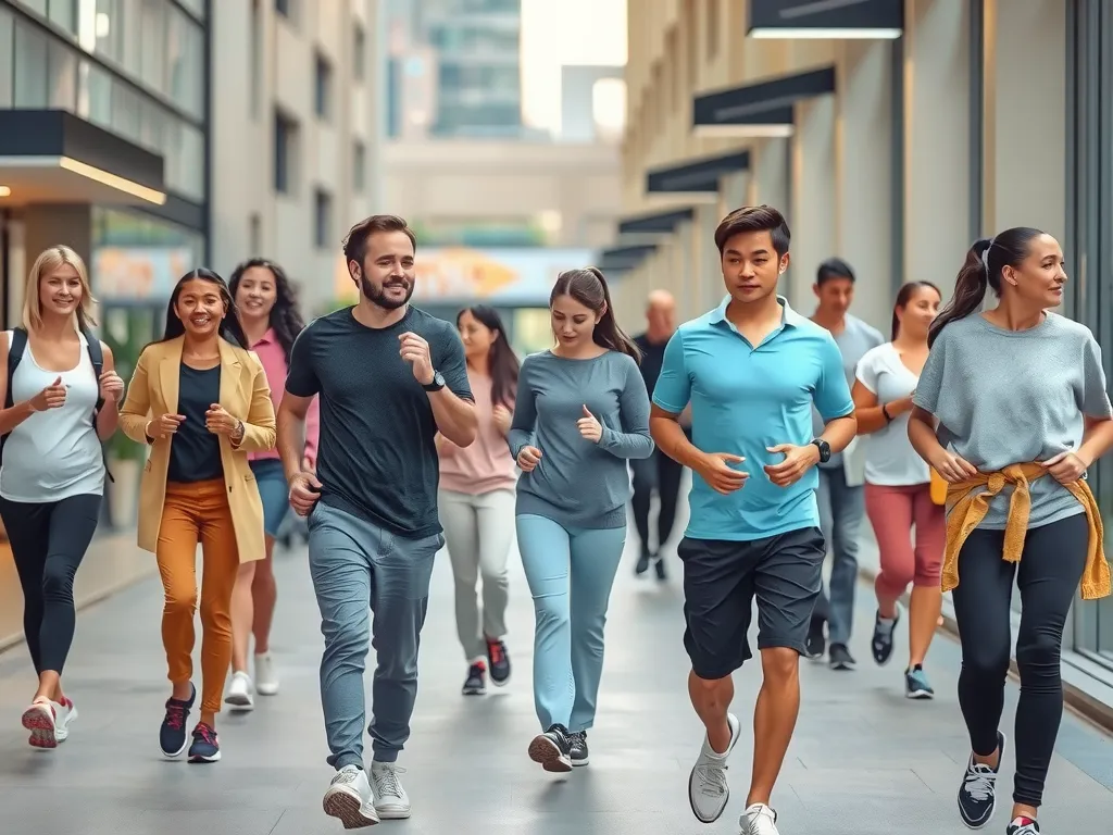 A diverse group of people engaging in health activities like group walking or exercising in a modern urban setting, photorealistic, high quality, natural lighting