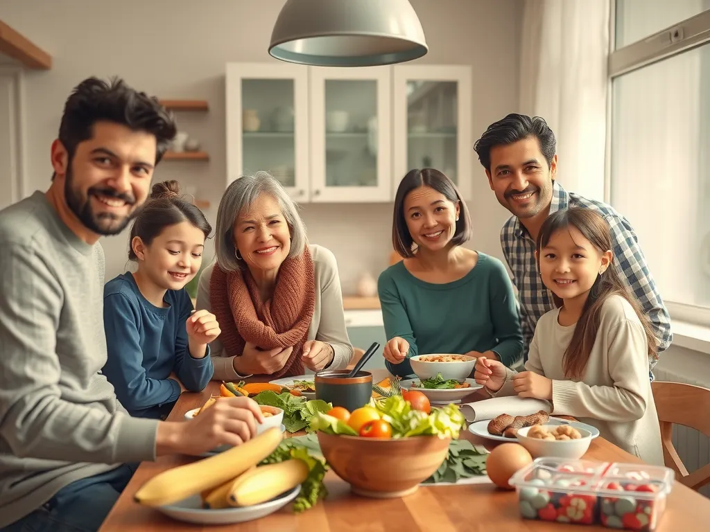 A family gathering around a healthy meal table, symbolizing community and family support in health improvement, photorealistic, warm lighting A family gathering around a healthy meal table, symbolizing community and family support in health improvement, photorealistic, warm lighting