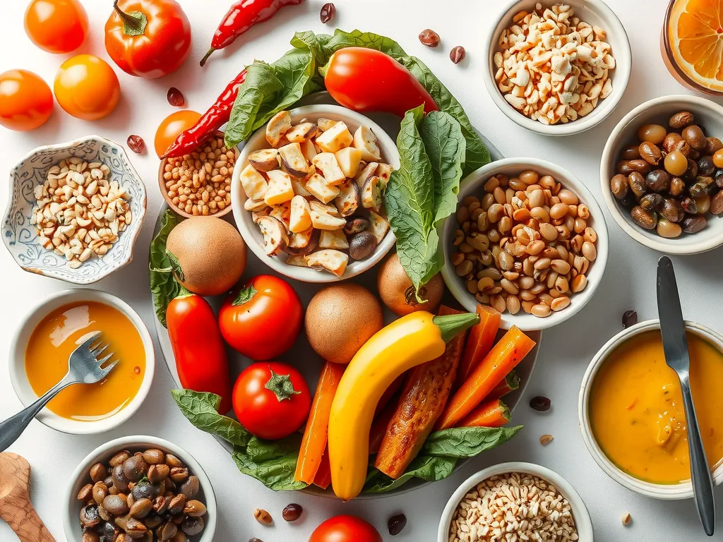 A healthy dietary spread with fresh vegetables, fruits, legumes, whole grains, and elements of Arabic cuisine, professional photography, clean background