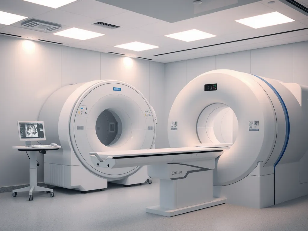 Advanced imaging technology like MRI and CT scanner in a modern medical facility, photorealistic, professional setting