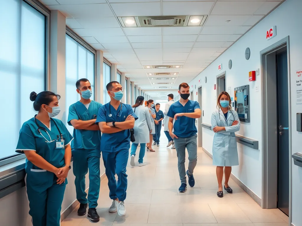 A busy hospital corridor in Turkey, with doctors and medical staff in modern uniforms, representing a high-tech medical facility, photorealistic, high-quality, professional lighting