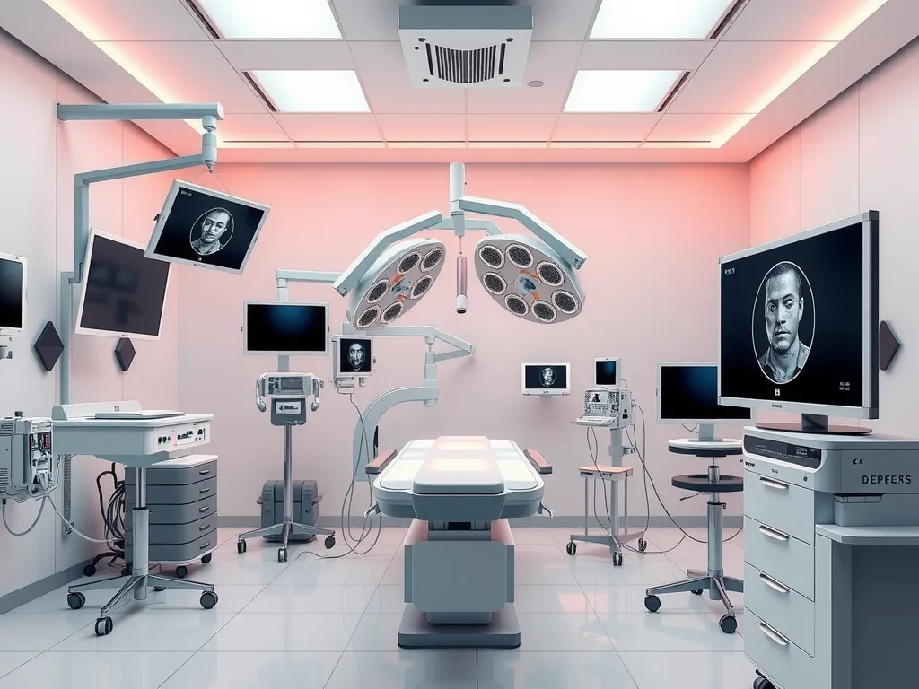 High-tech medical surgical room with hybrid operating setup, advanced computer-guided surgery tools, photorealistic, high-quality
