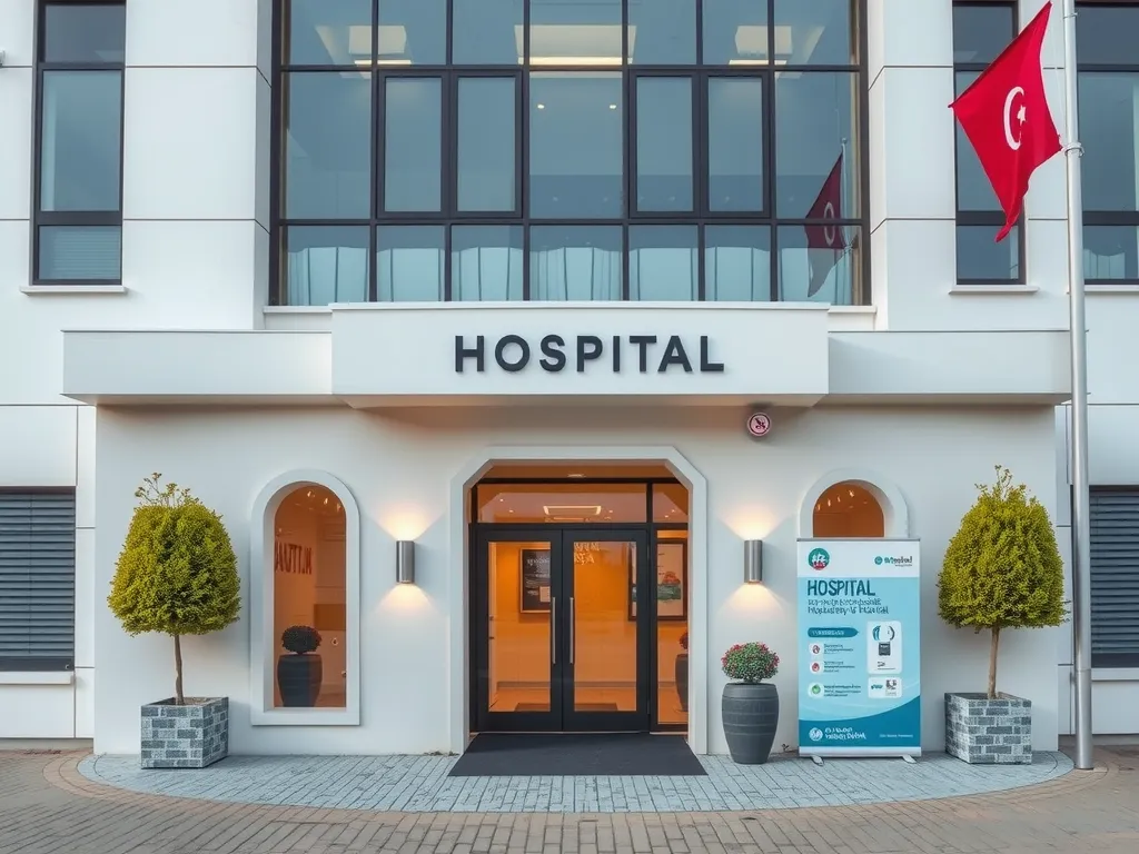 Modern Turkish hospital exterior, with welcoming entrance and clear signage, photorealistic, high-quality