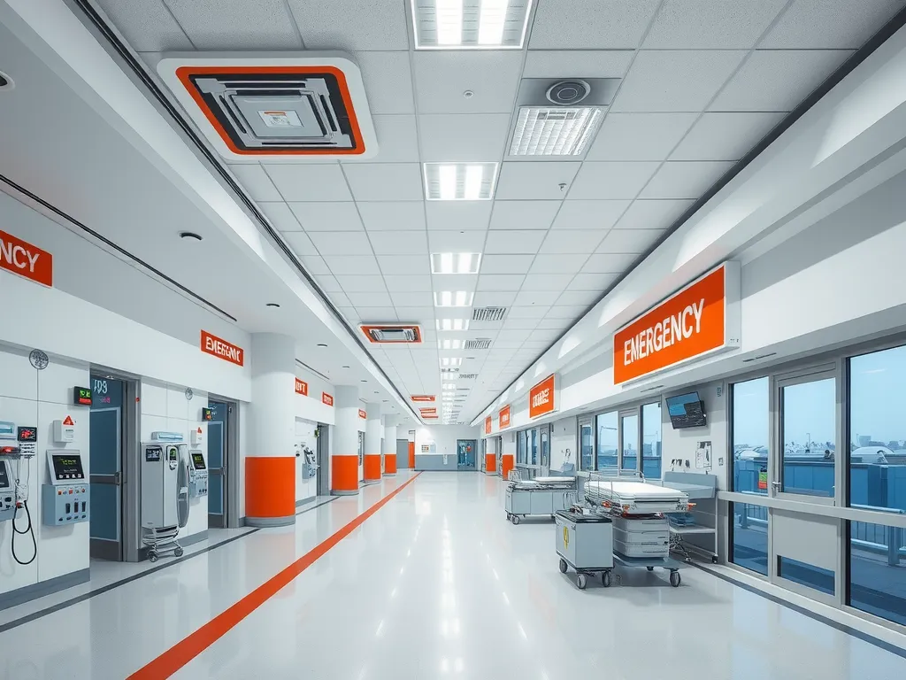 Modern hospital emergency department with an integrated healthcare system, photorealistic, high quality, professional lighting, showcasing seamless connection between emergency and regular care services.