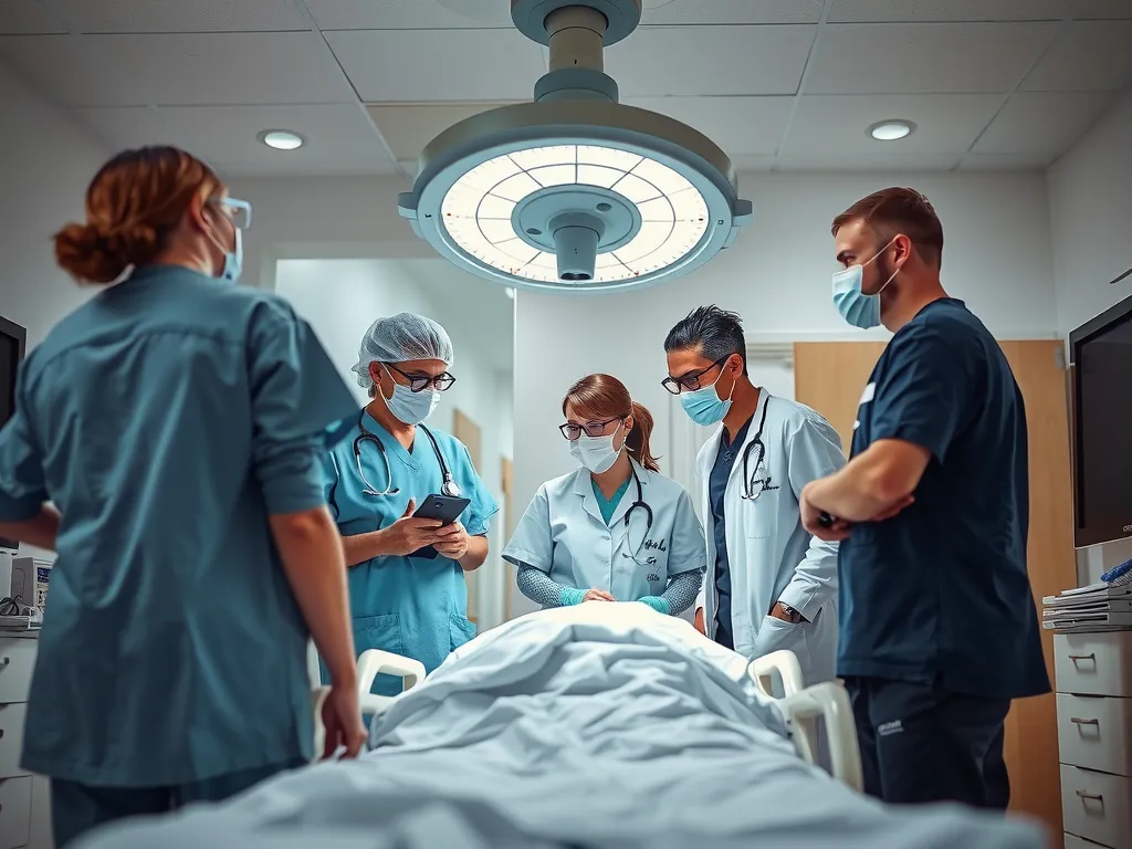 Medical team coordinating emergency care in a hospital setting, professional photography, showing teamwork and communication among doctors, nurses, and specialists.