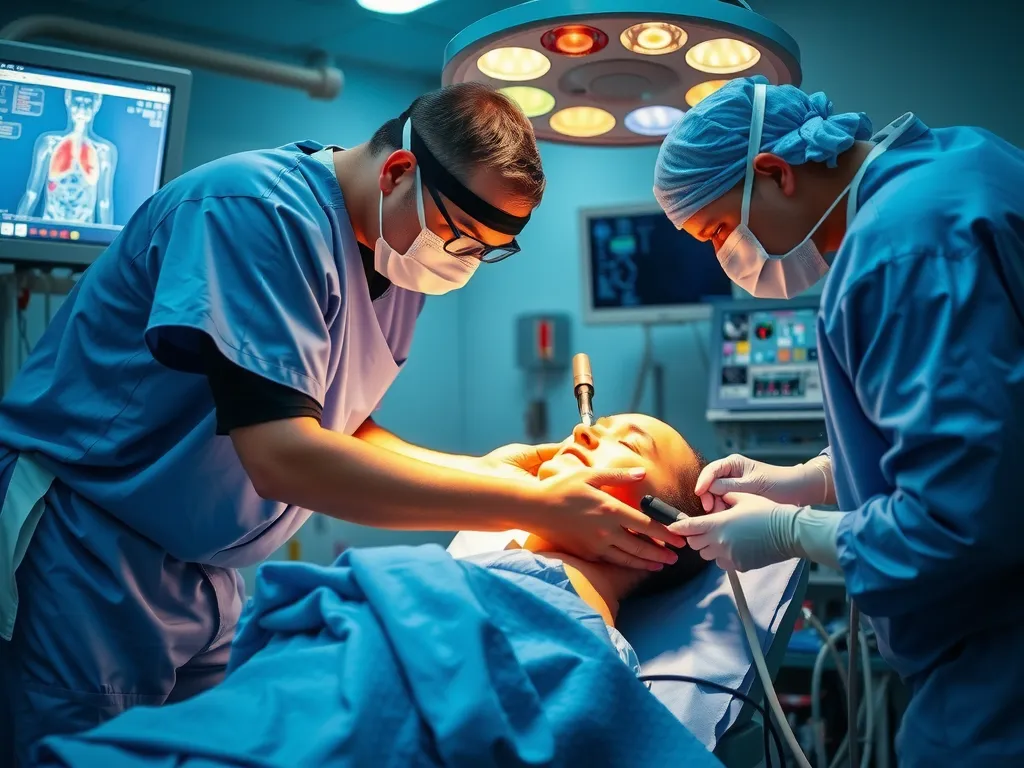 Specialized medical team treating a stroke or heart attack patient in emergency, high quality, with advanced medical equipment and focused team collaboration.