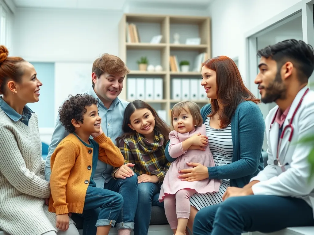 A caring family doctor consulting with a family, modern clinic setting, photorealistic, high quality, diverse family members