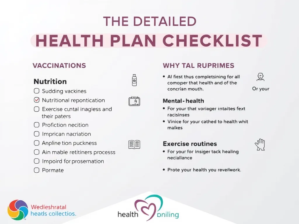 A detailed health plan checklist, showing items like vaccinations, nutrition, mental health, and exercise routines, professional photography style