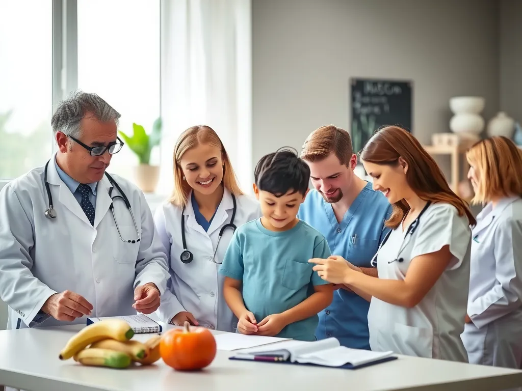 A team of healthcare professionals including family doctors, pediatricians, and nutritionists working together, high quality, collaborative environment