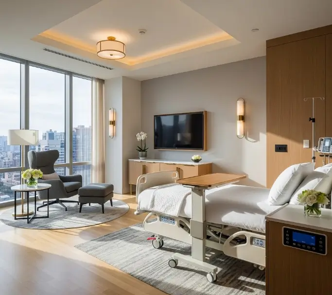 غرفة مريض دولي فاخرة تشبه الفنادق ضمن باقة تكلفة علاج اللوكيميا في تركيا بمستشفى ميديكال بارك.