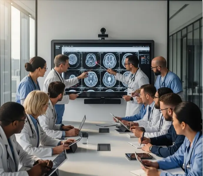 فريق طبي من استشاريي أورام الدم في تركيا يجتمعون لمناقشة خطة علاج اللوكيميا بدقة.