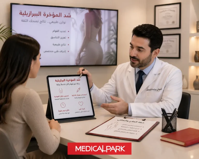 طبيب يشرح لمريضة حول عملية شد المؤخرة البرازيلية (BBL) في تركيا بمستشفيات ميديكال بارك